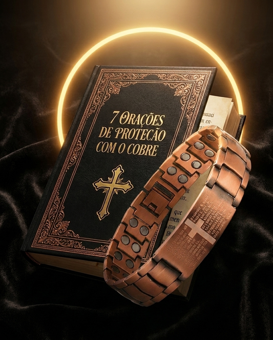 Kit Escudo Sagrado — Bracelete de Cobre + Guia 7 Orações de Proteção